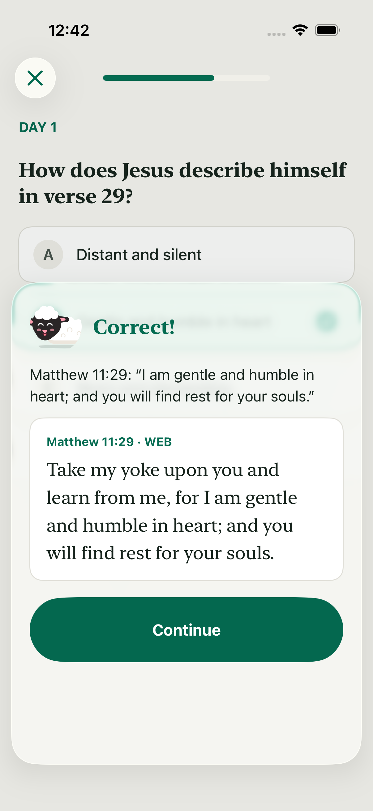 Pasture interactive quiz interface with correct answer feedback